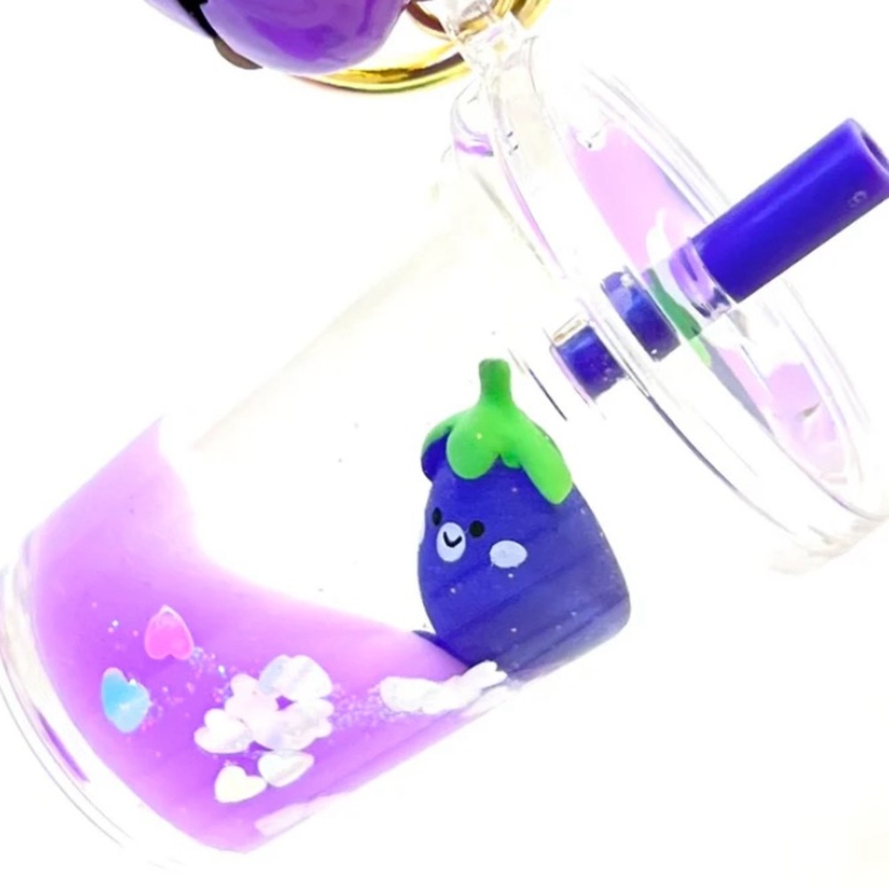 Floating Kawaii Eggplant Boba Tea Keychain
